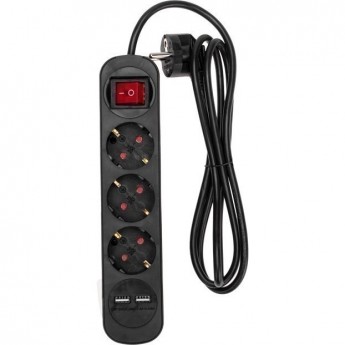Удлинитель REXANT STANDARD 3 гнезда, 1,5м, 3х1,0мм², с/з, с выключателем, 2 USB, черный