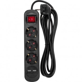 Удлинитель REXANT STANDARD 3 гнезда, 3м, 3х1,0мм², с/з, с выключателем, 2 USB, черный