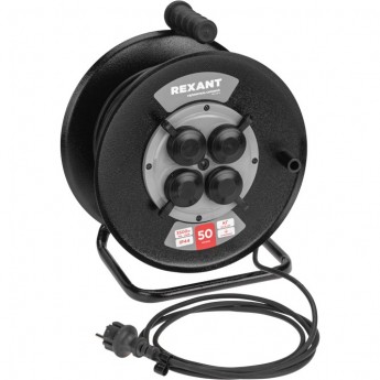 Удлинитель силовой REXANT КГ на катушке 4 гнезда, с/з, 50м, 3х1,5мм², IP44 с выключателем, c защитными крышками, металлическая катушка